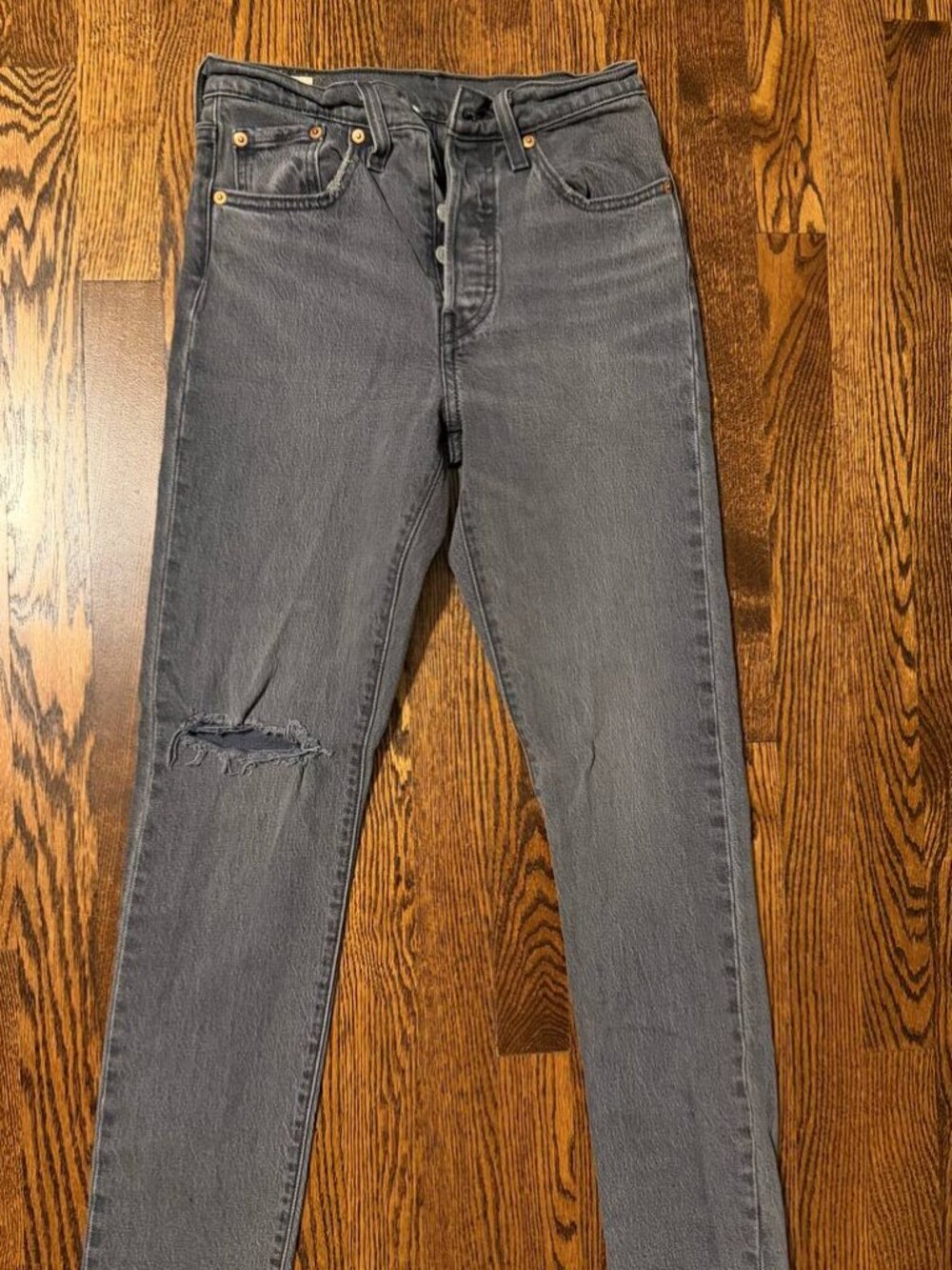 Levi's Premium 501 High Rise Skinny Jeans in Gray with Destructed Knee